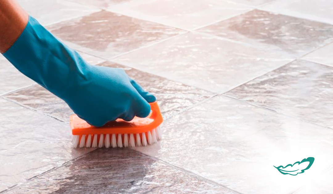 limpa pedras - na imagem há uma mão com um luva na cor azul, limpando o piso com uma escova.